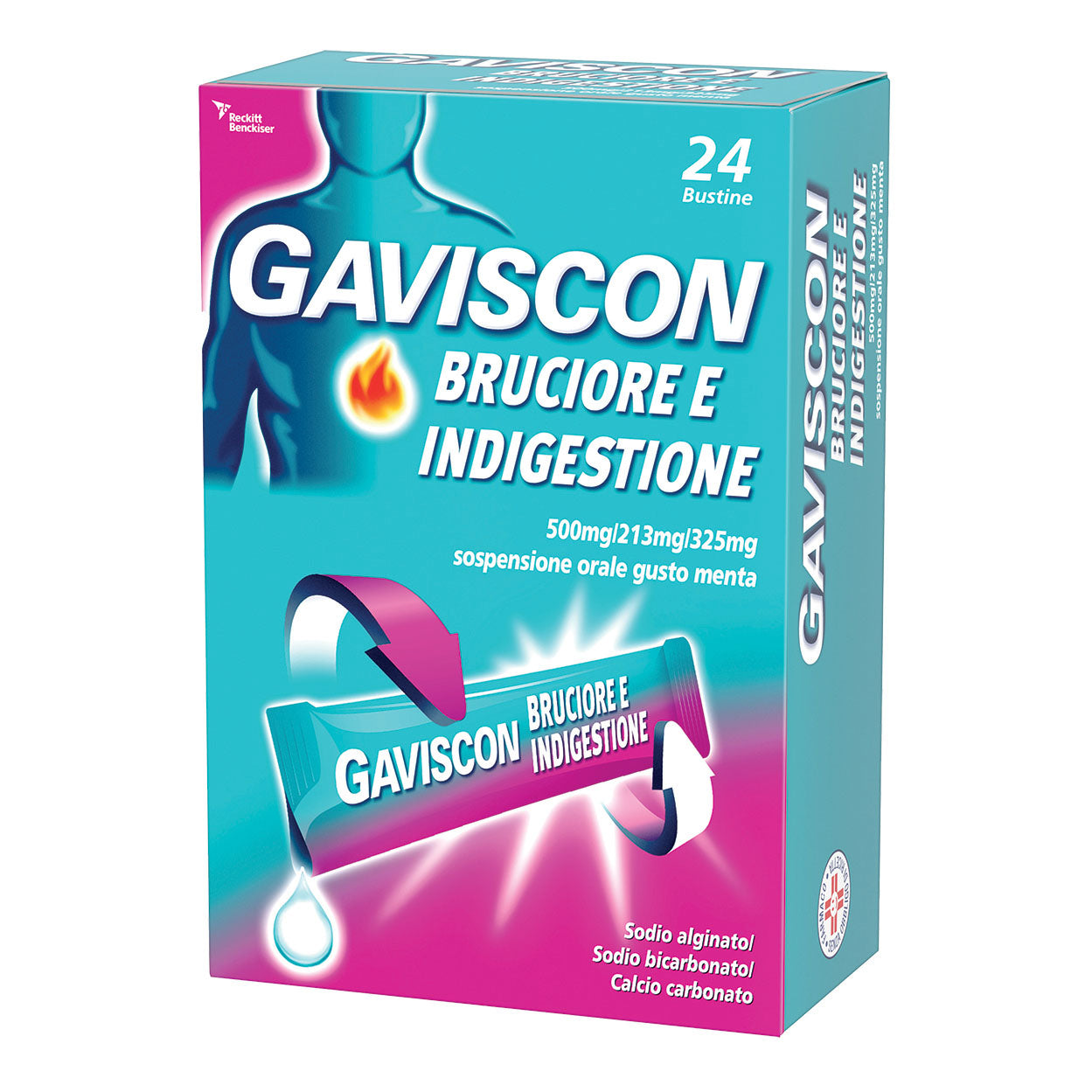 GAVISCON BRUCIORE E INDIGESTIONE*24 bust 500 mg + 213 mg + 325 mg gusto menta