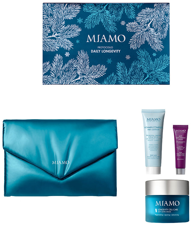 MIAMO COFANETTO PROTOCOLLO DAILY LONGEVITY 1 VITAMIN COMPLEXMILK CLEANSER 50 ML + 1 ANTI-GLYCOXIDANT MASQUE 10 ML + 1 LONGEVITY CELL-CARE SOFT SATIN CREAM 50 ML