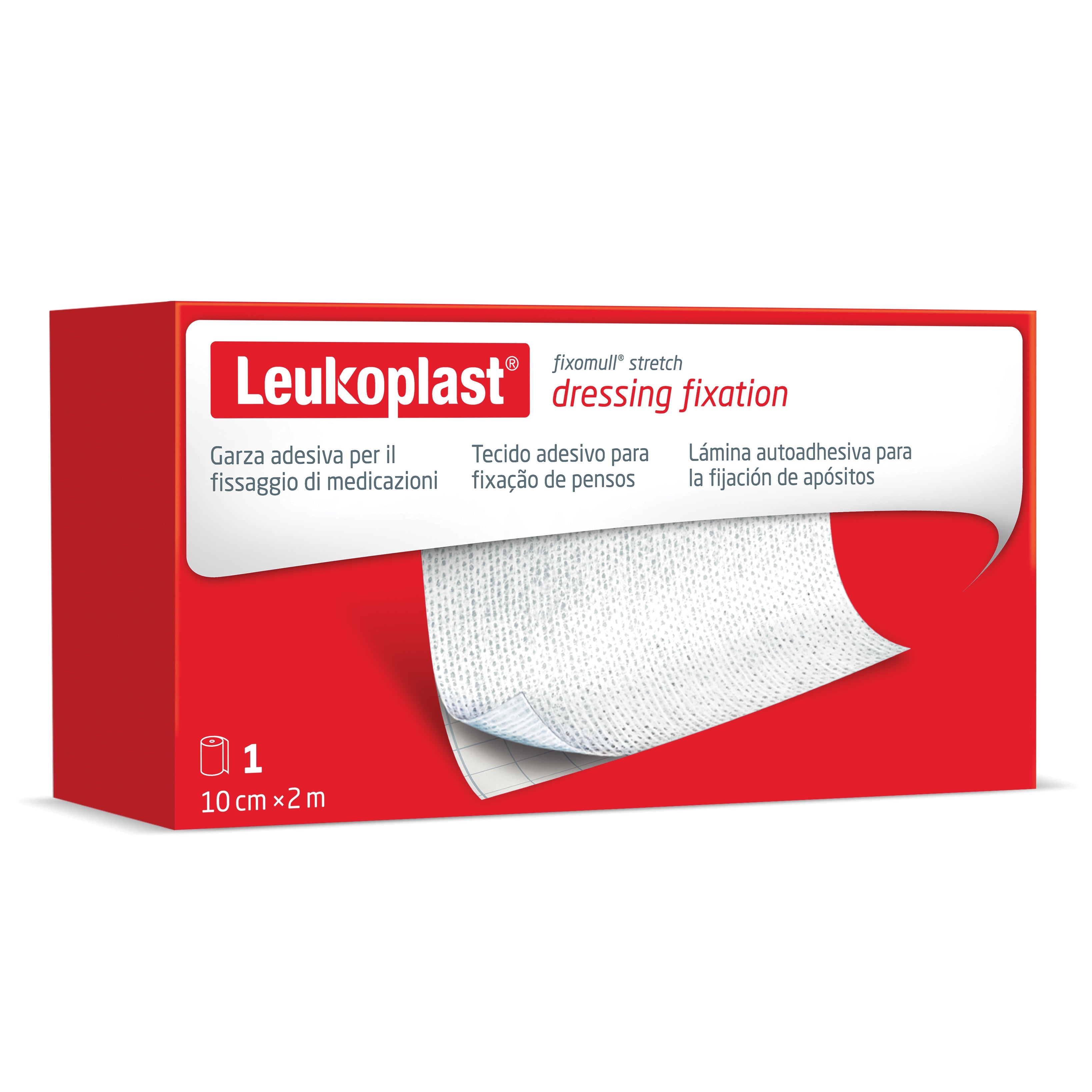 FASCIA AUTOADESIVA IPOALLERGENICA FISSAGGIO CATETERI FIXOMULL STRETCH. SUPPORTO IN POLIESTERE NON TESSUTO BIANCO, MASSAIN POLICARBONATO SENZA RESINE E GOMME NATURALI. 10X200CM