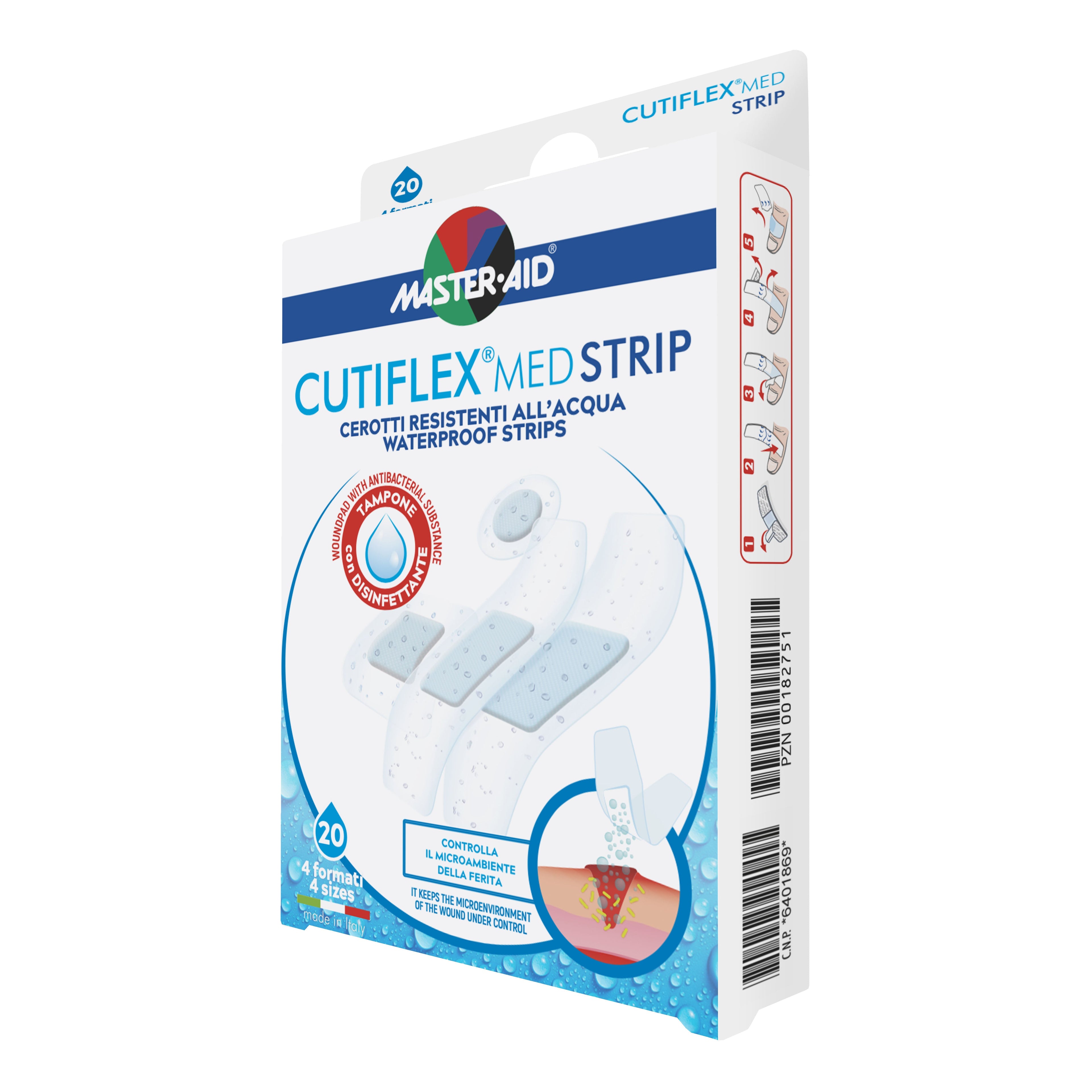 CEROTTO MASTER-AID CUTIFLEXMED STRIP TRASPARENTE IMPERMEABILE SUPPORTO IN POLIURETANO 4 FORMATI ASSORTITI 20 PEZZI