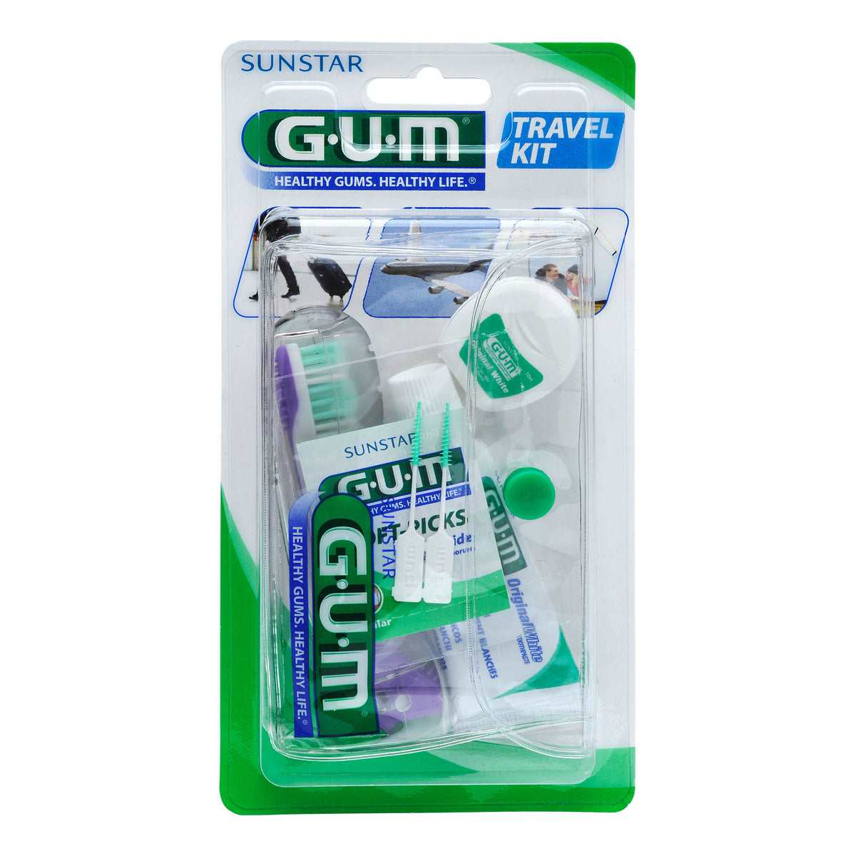 GUM TRAVEL KIT VIAGGIO 1 SPAZZOLINO PIEGHEVOLE GUM TRAVEL +1 DENTIFRICIO VIAGGIO 12 ML + 1 ROCCHETTO FILO INTERDENTALE10MT + 2 SCOVOLINI GOMMA GUM SOFT PICKS