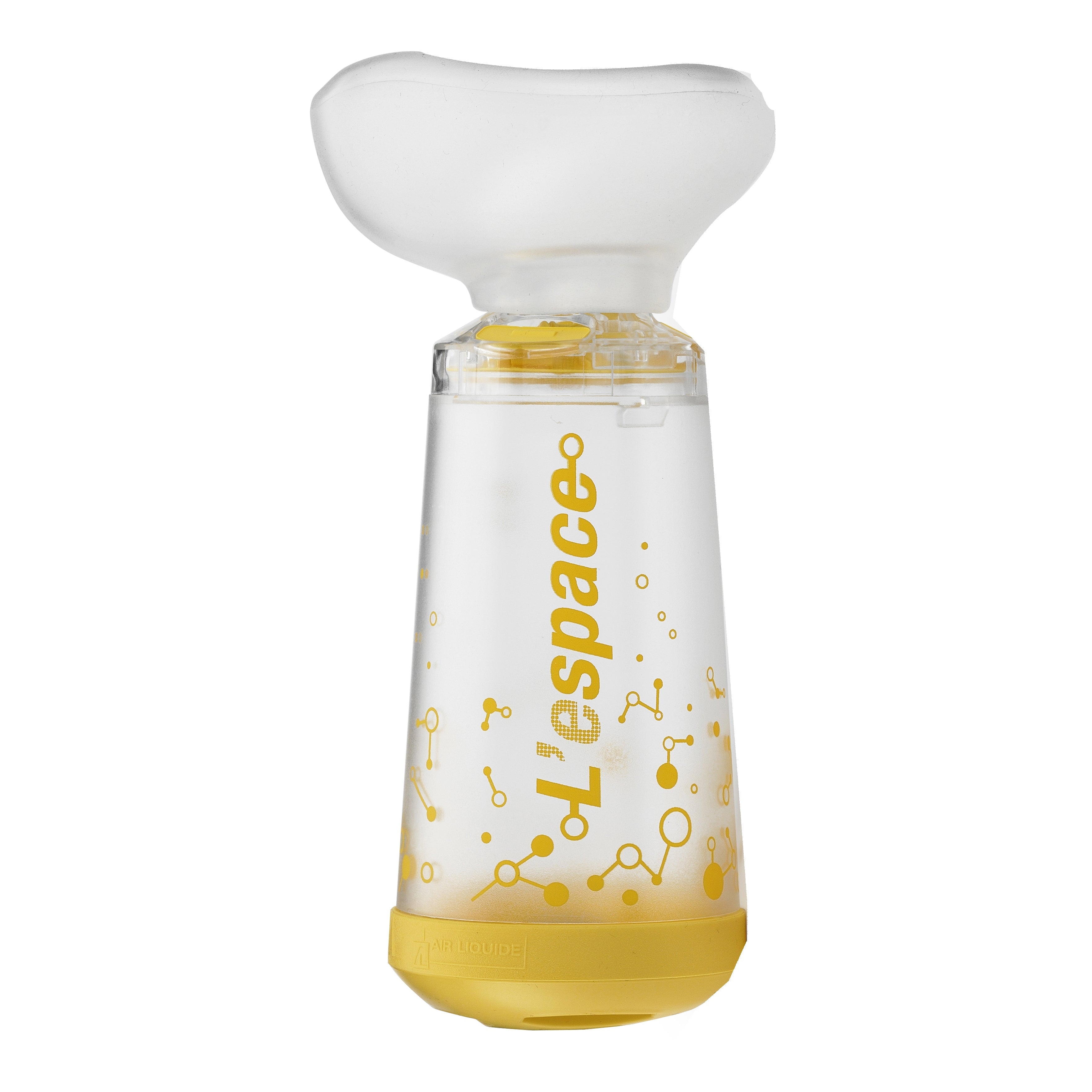 CAMERA DISTANZIATRICE PER EROGATORI SPRAY PREDOSATI L'ESPACE220ML PEDIATRICO SPAZIO MORTO 49ML CON MASCHERA VALVOLA INSPIRAZIONE 2 VALVOLE ESPIRAZIONE CODICE COLORE GIALLO
