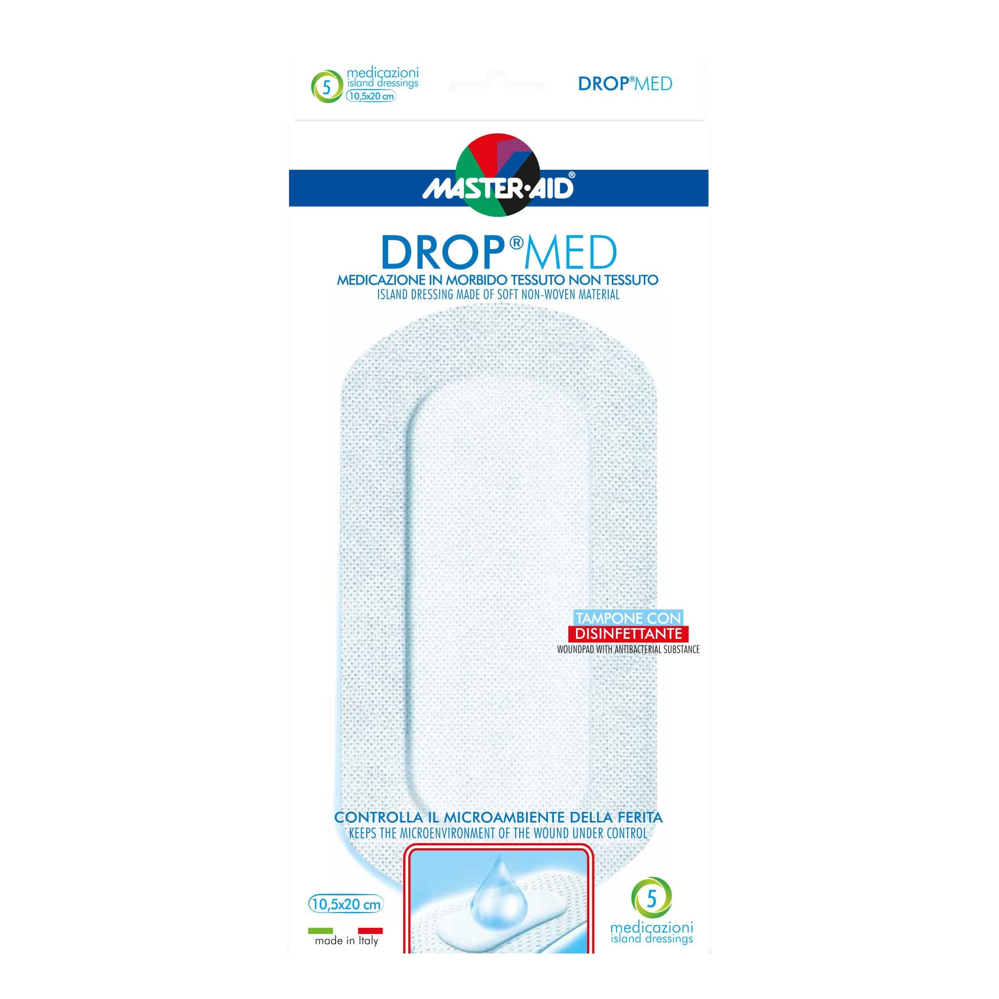 MEDICAZIONE COMPRESSA AUTOADESIVA DERMOATTIVA IPOALLERGENICAAERATA MASTER-AID DROP MED 10,5X20 5 PEZZI