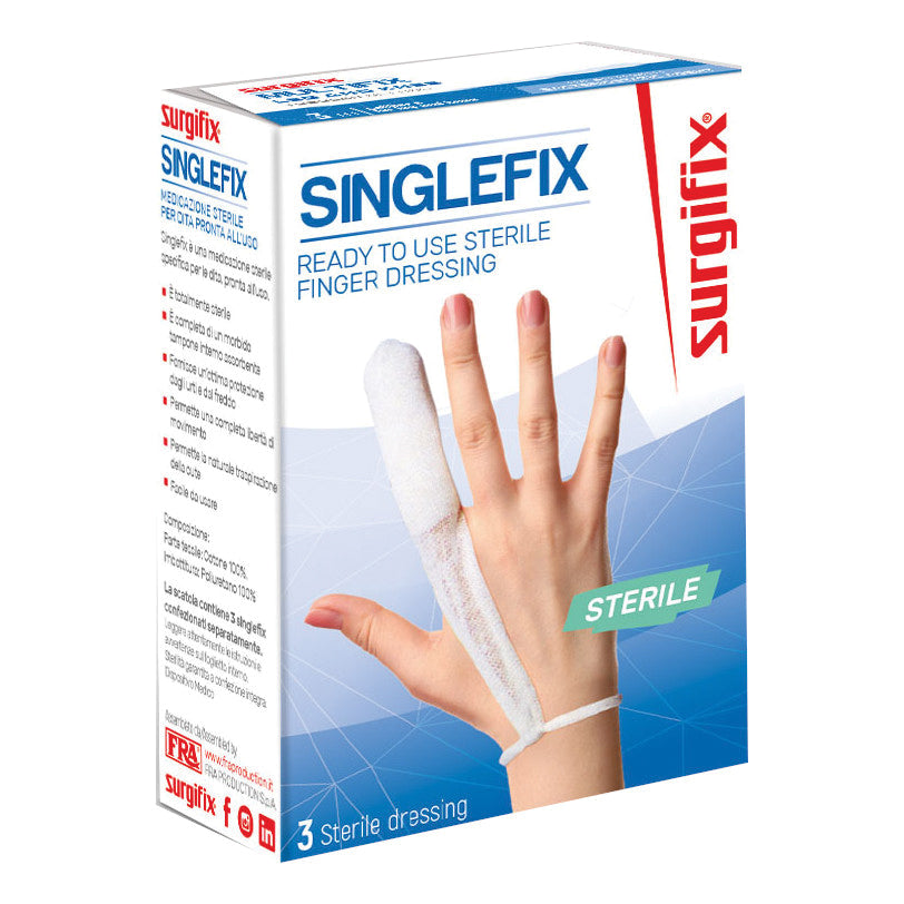 MEDICAZIONE STERILE PER DITO SINGLEFIX, COSTITUITA DA UNA GUAINA IN COTONE E DA UN'IMBOTTITURA INTERNA ASSORBENTE. SI APPLICA DIRETTAMENTE SULLA FERITA E SI FISSA AL POLSO