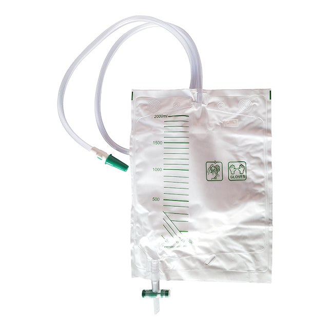 SACCA DRENAGGIO URINARIO A CIRCUITO CHIUSO, CAPACITA' 2000ML, GRADUATA, TUBO DI COLLEGAMENTO LARGO PER PREVENIRE LE INFEZIONI. PORT PER IL PRELIEVO DI URINA. VALVOLA ANTIREFLUSSO