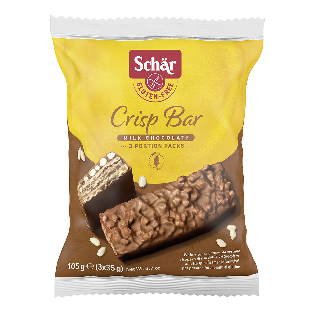 SCHAR CRISP BAR WAFERS CON NOCCIOLE RICOPERTI DI RISO SOFFIATO E CIOCCOLATO AL LATTE 3 PORZIONI DA 35 G