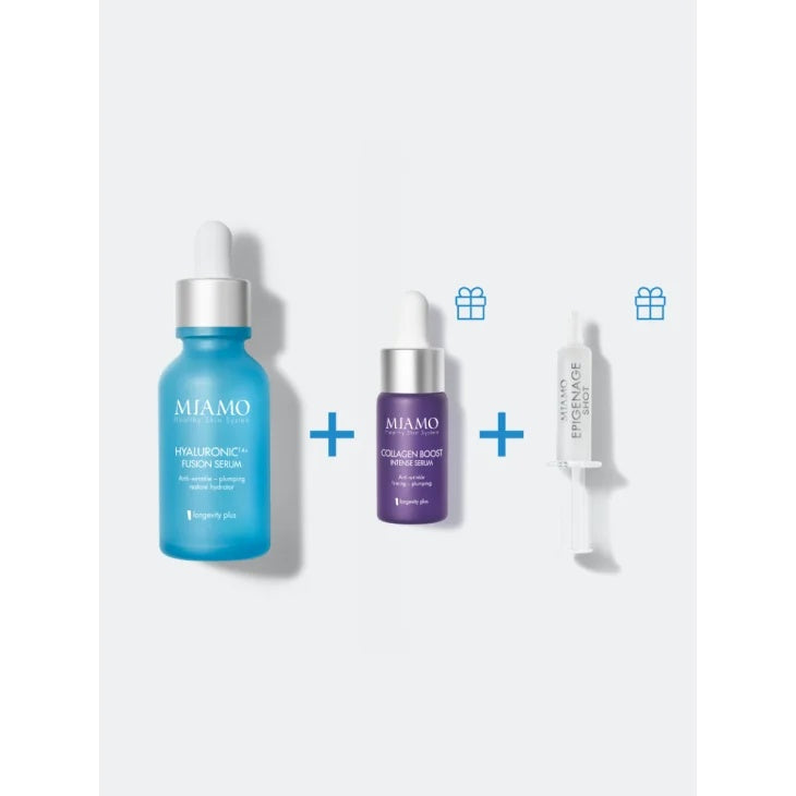 MIAMO 2026 COFANETTO PLUMP&FILL HYALURONIC 14+ FUSION SERUM30 ML + COLLAGEN BOOST INTENSE SERUM 10 ML + EPIGENAGE SHOT1 ML