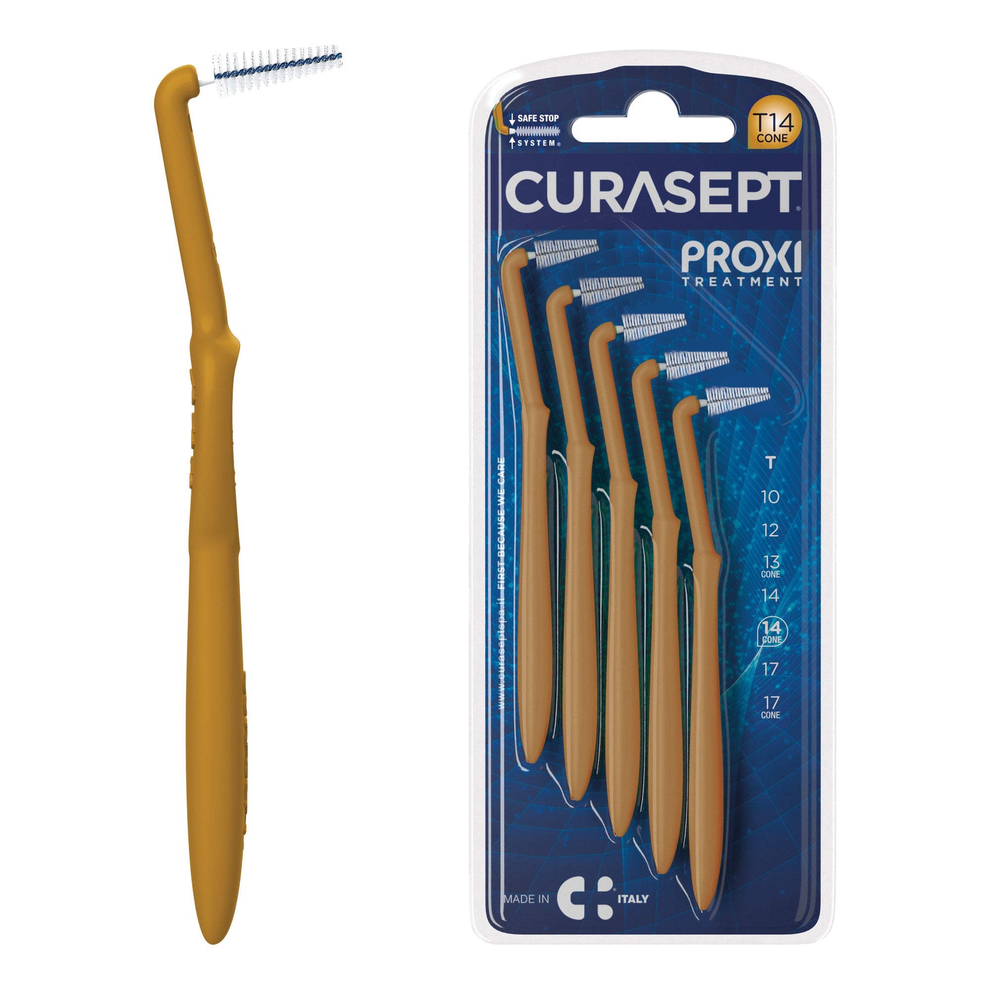 SCOVOLINO CURASEPT PROXI ANGLE MISURA T14 CONICO ISO 4 COLORE OCRA DIAMETRO 1,4 MM 5 PEZZI