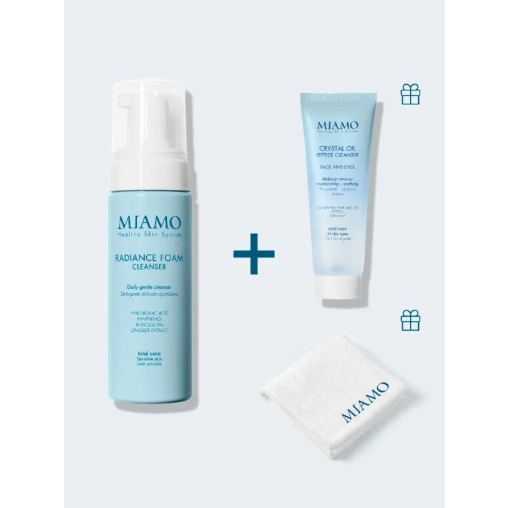 MIAMO 2026 COFANETTO DETERSIONE ILLUMINANTE 1 RADIANCE FOAM150 ML + 1 CRYSTAL OIL PEPTIDE CLEANSER 50ML + 1 OMAGGIO LAVETTE BAMBU'