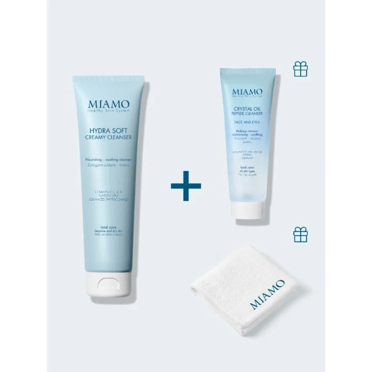 MIAMO 2026 COFANETTO DETERSIONE 1 IDRATANTE SOFT CREAMY CLEANSER 150 ML + 1 CRYSTAL OIL PEPTIDE CLEANSER 50 ML + 1 OMAGGIO LAVETTE BAMBU'