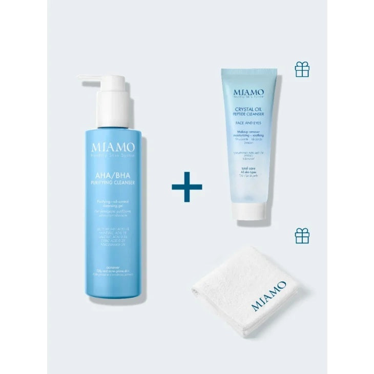 MIAMO 2026 COFANETTO DETERSIONE ANTI IMPERFEZIONE 1 AHA/BHAPURIFYING CLEANSER 250 ML + 1 CRYSTAL OIL PEPTIDE CLEANSER 50 ML + 1 OMAGGIO LAVETTE BAMBU'